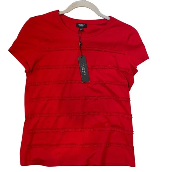 NWT Talbots Petites Red Short Sleeve Ruffle Trim Tee M Cotton Blend - Picture 1 of 7